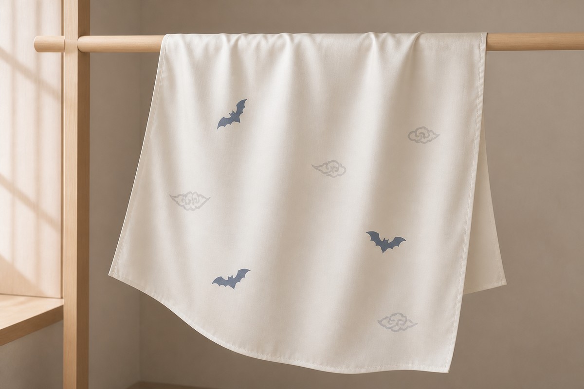 Three small blue-gray bats and loose clouds spaced across an ivory scarf.