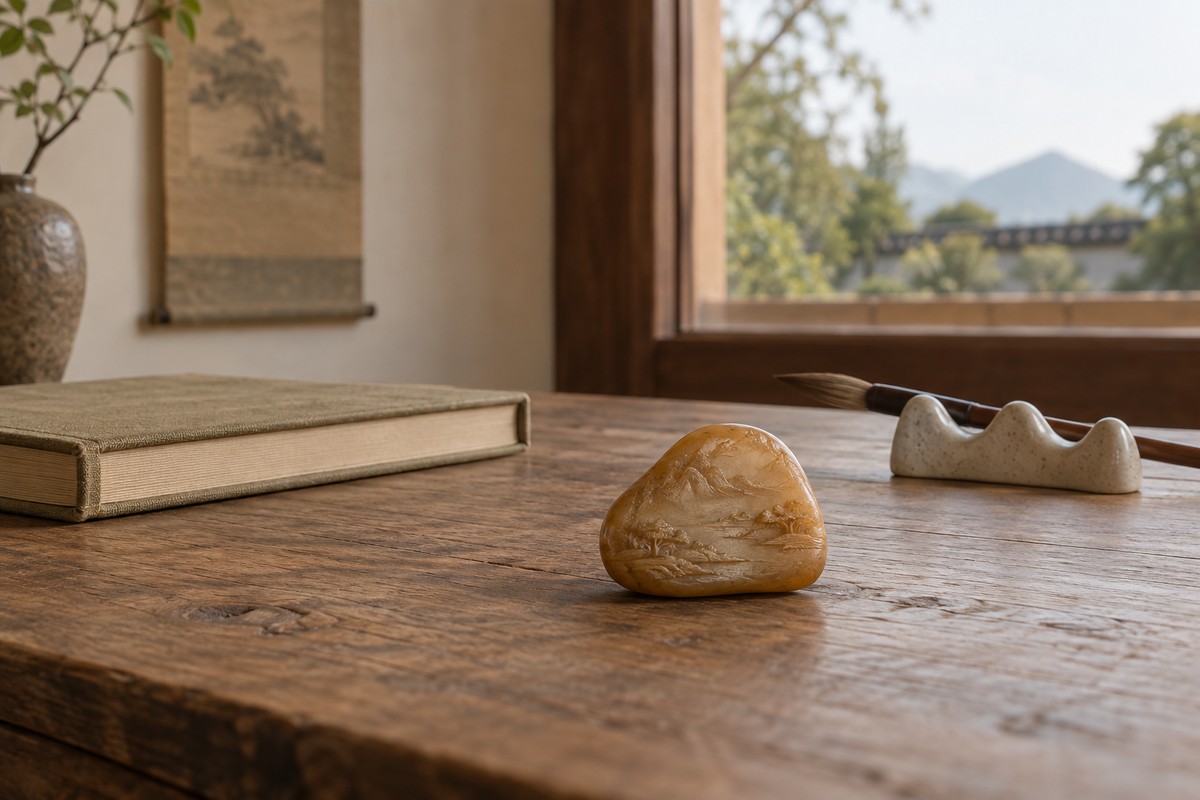 A small landscape-carved stone beside a closed plain book and a brush rest.