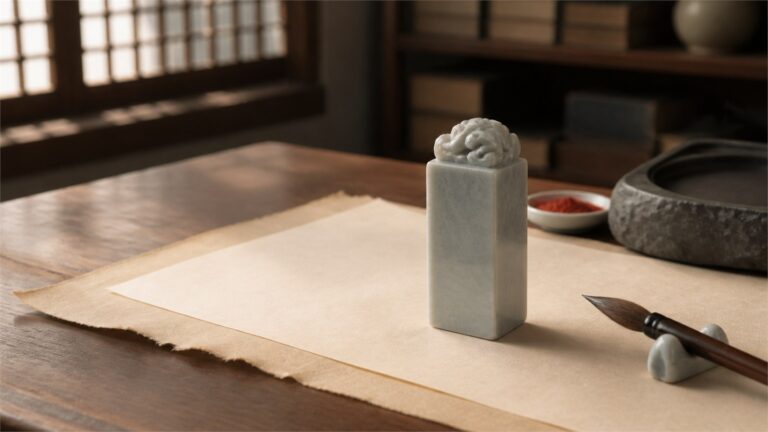 Pale stone study-name seal on a warm scholar’s desk with brush, inkstone, and paper
