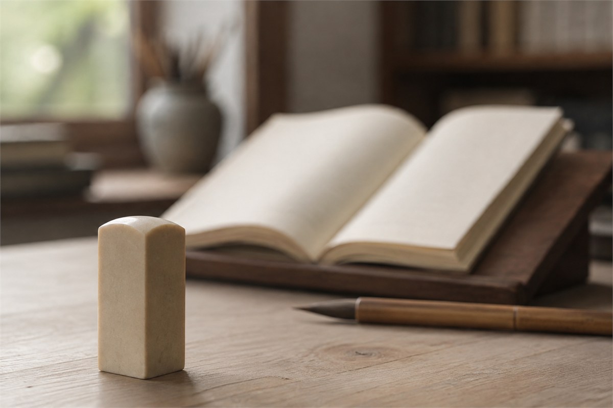 Cream seal in front of an open book on a stand, with a bamboo-handled brush nearby.