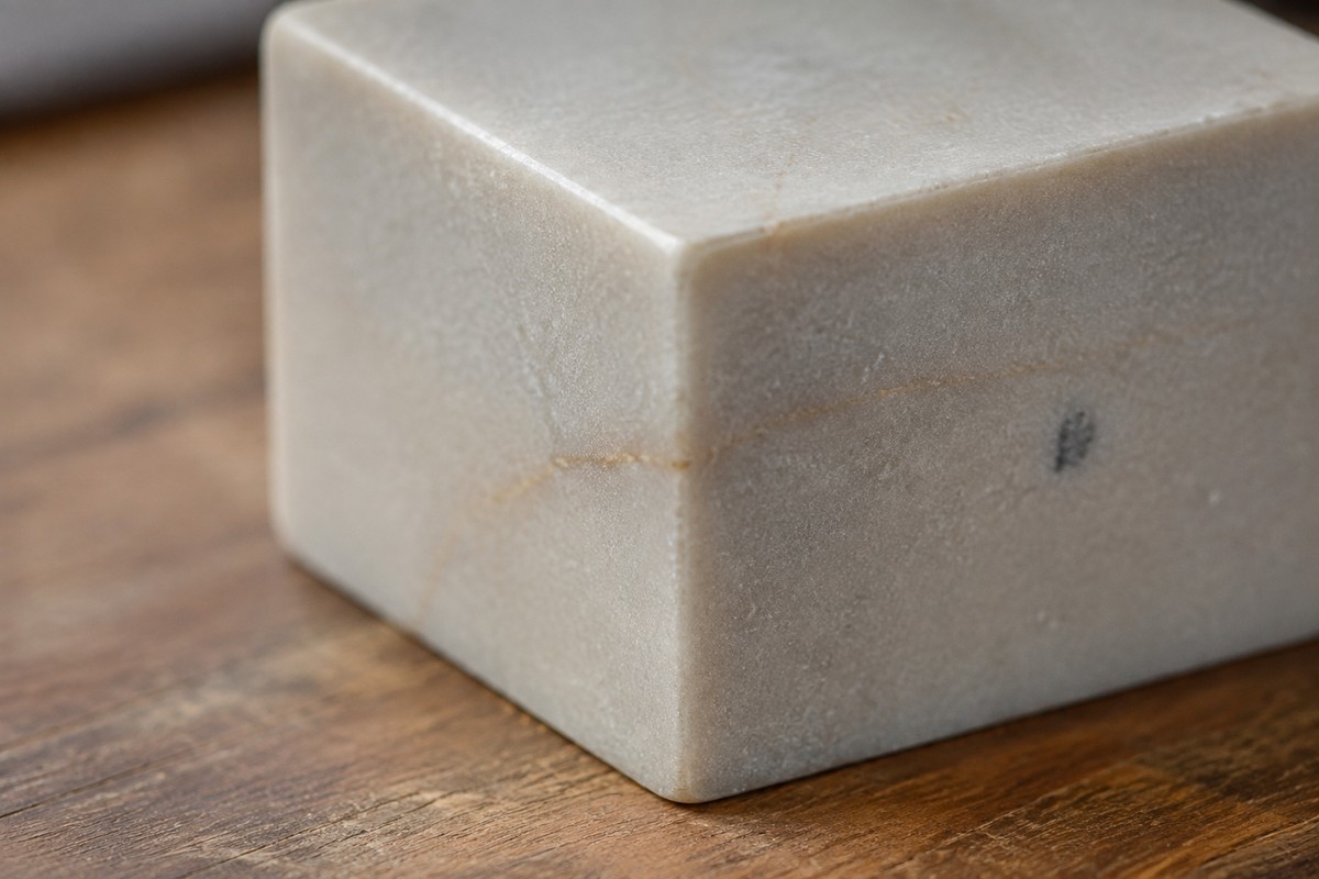 Close view of fine speckles and a darker inclusion in a pale stone blank.