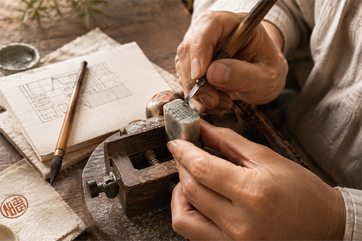 Artisan hands carving a stone seal beside a brush, carving knife, and impression study