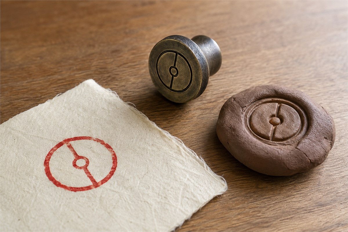 Separate seal matrix, clay impression, and red paper impression with an abstract motif