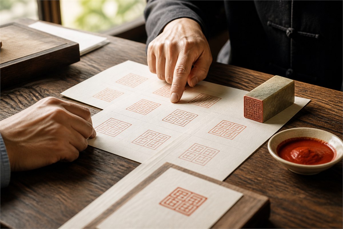 Two people reviewing abstract seal proofs beside a stone seal and red paste