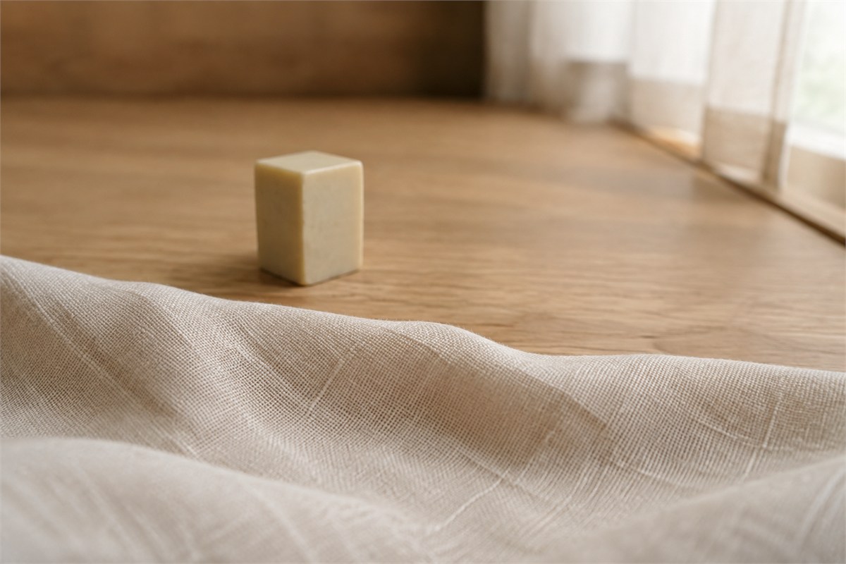 Two adjoining sides and the flat top of a plain cream seal blank on a wooden surface.