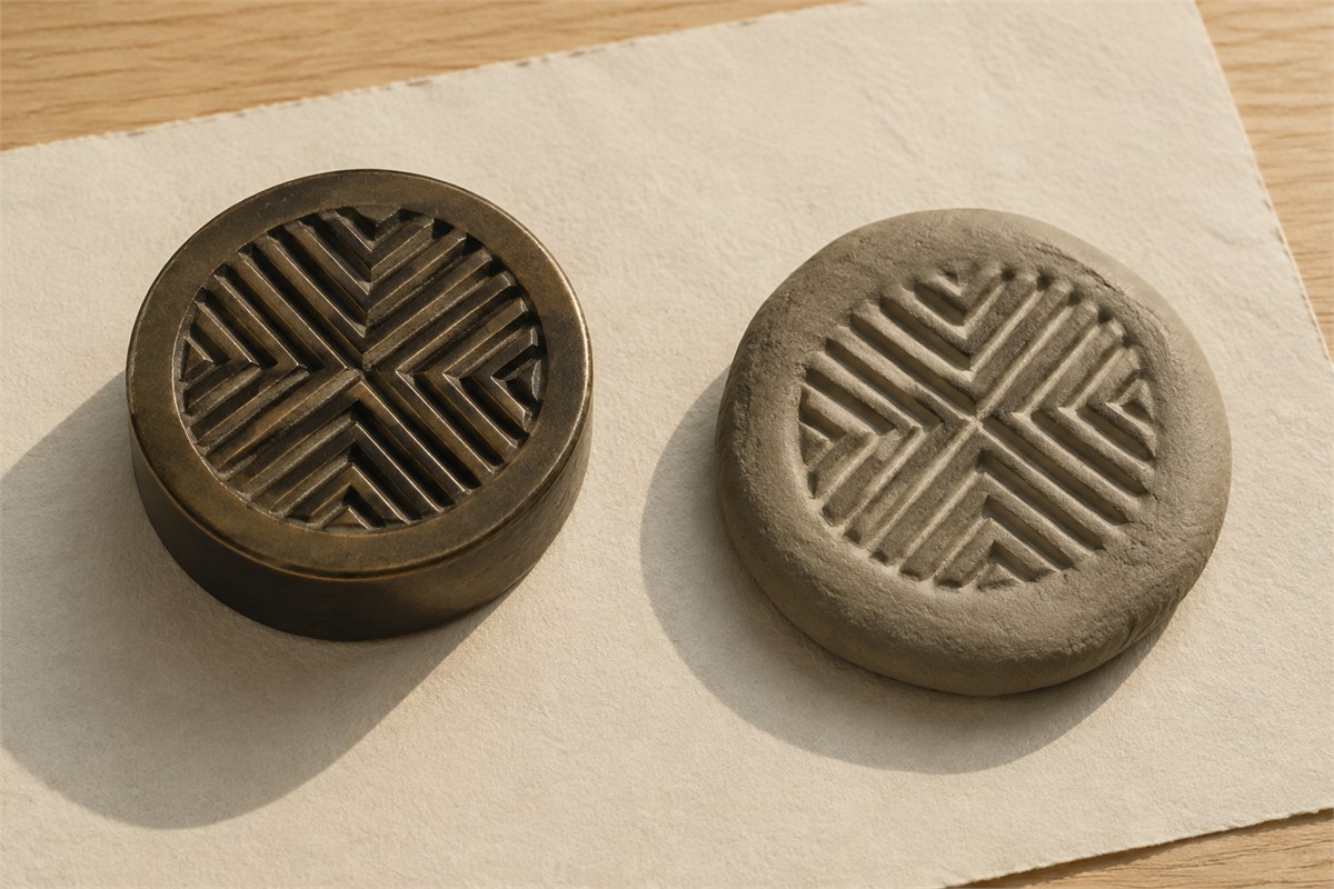 Abstract patterned seal face beside its modern clay impression