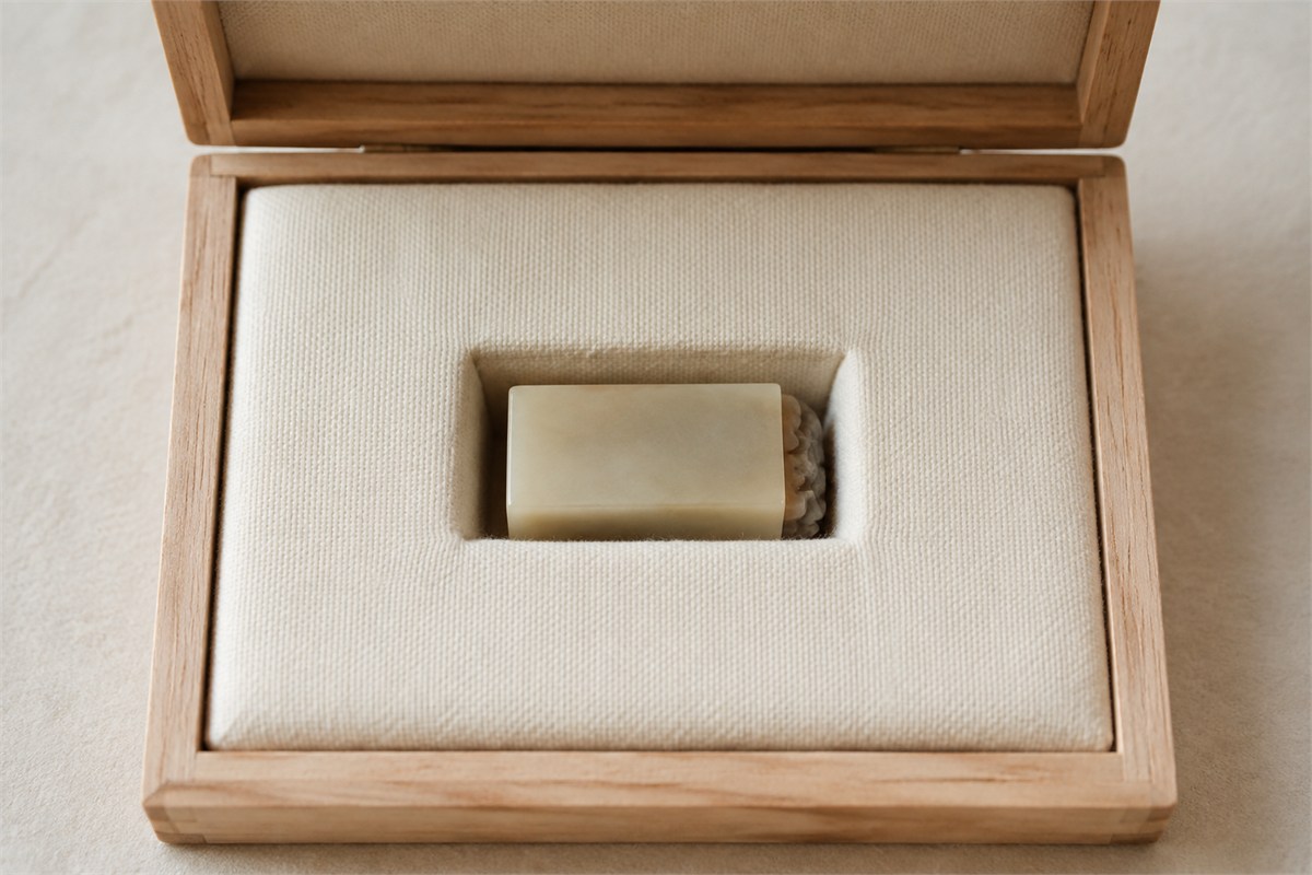 A small cream seal resting alone in a fabric-lined cavity inside an open wooden box.