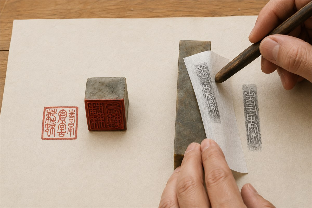Red paper seal impression beside a monochrome rubbing made from the side of a stone seal