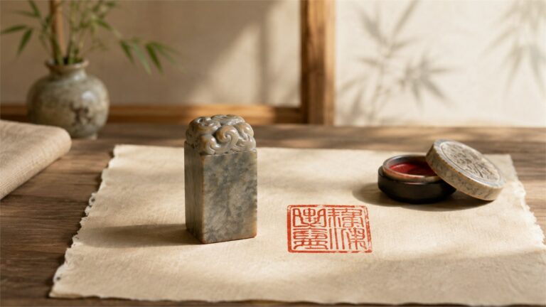 Stone seal beside a fresh cinnabar impression on warm handmade paper