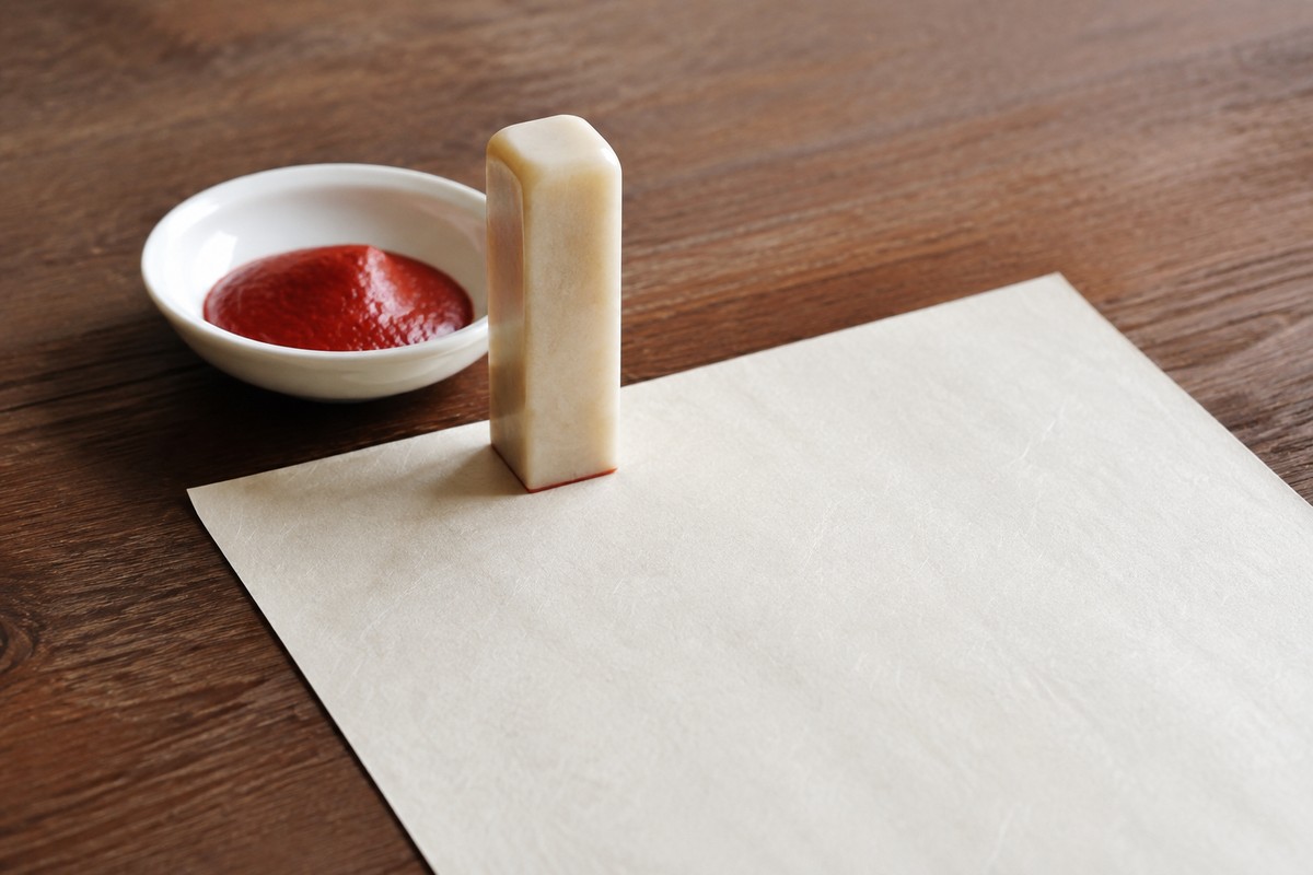 Stone seal beside a small red paste dish and clean rice paper.