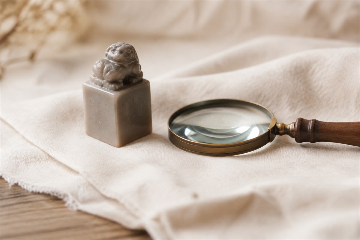 Gray seal with a carved animal-shaped knob standing on cloth beside a magnifying glass.