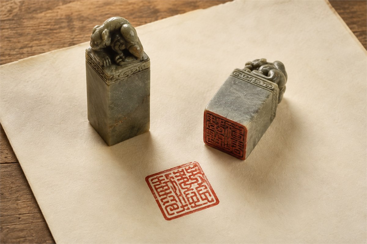 Two stone seals showing an upright body and carved face beside a red paper impression