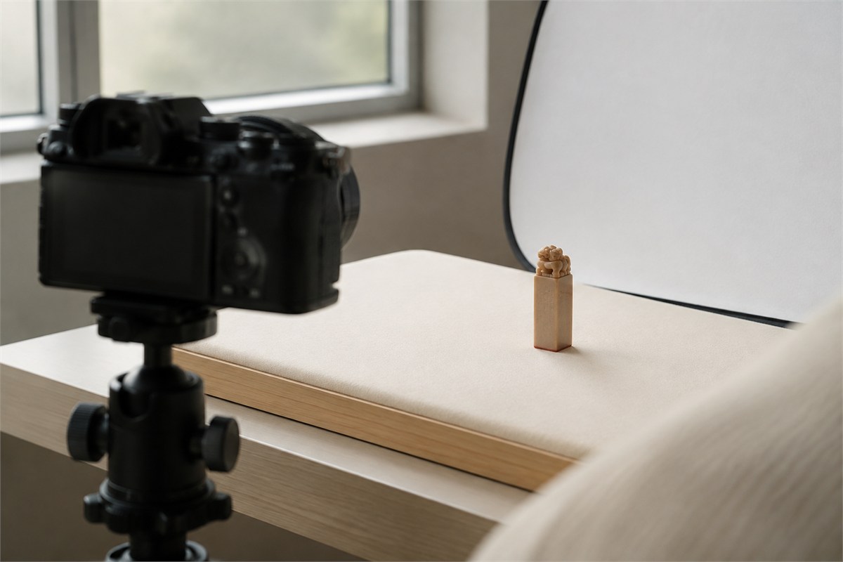 Camera on a tripod aimed at a small seal on a pale padded surface beside a reflector.