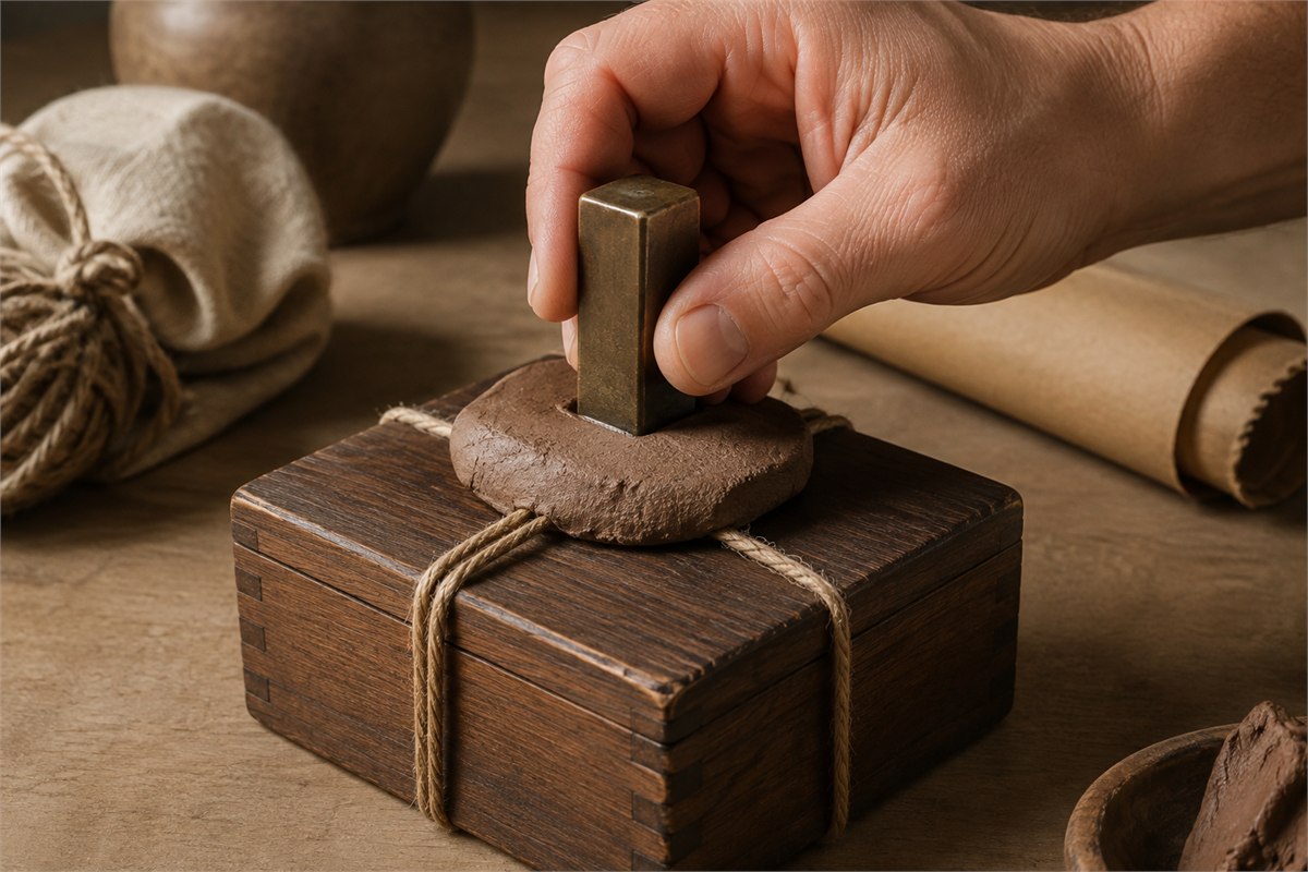 Hand pressing an unmarked seal vertically into clay over a corded wooden box