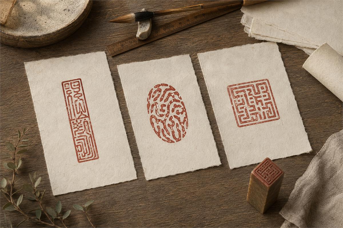 Three abstract seal script designs comparing balanced, archaic, and compact structures