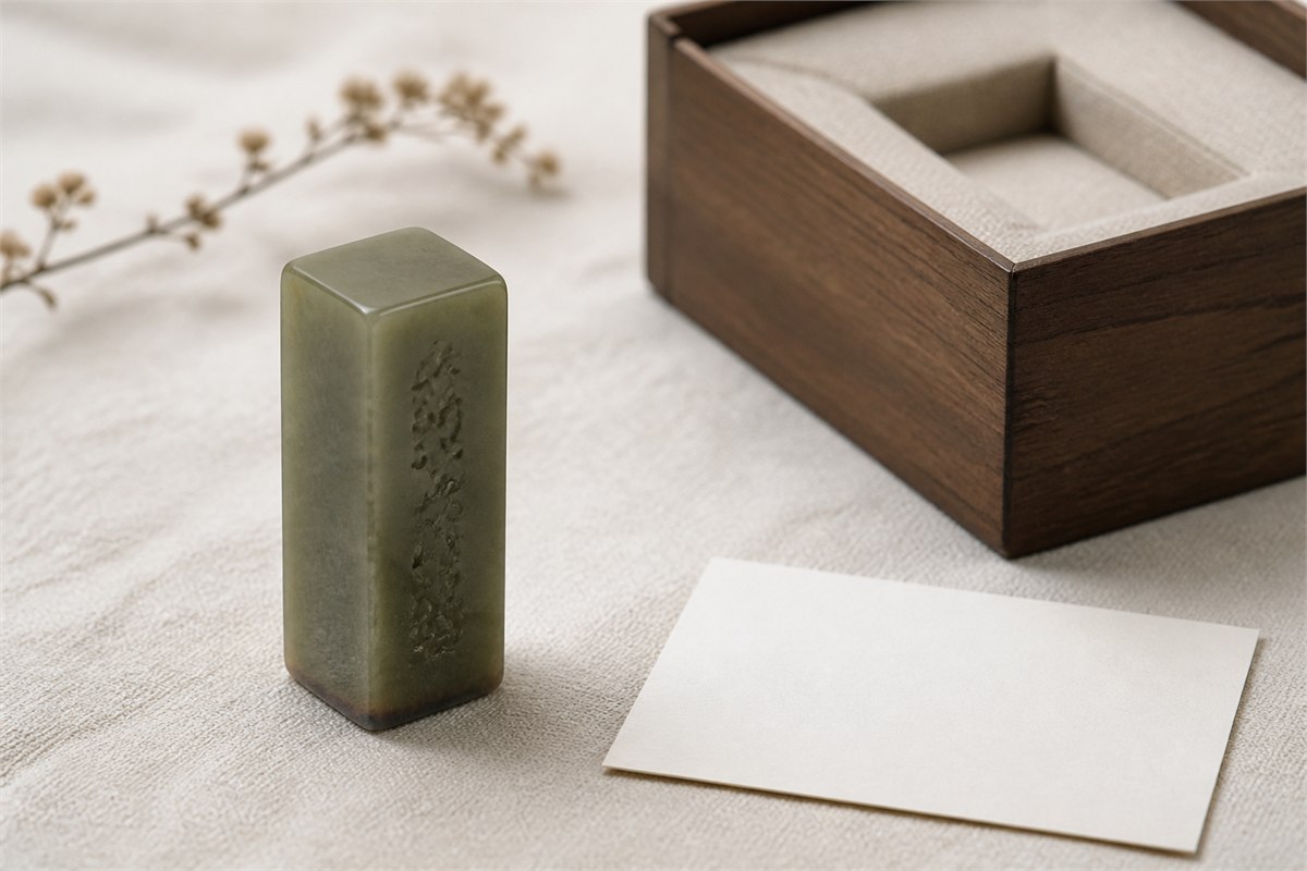Green stone seal with a shallow side inscription beside a fitted box