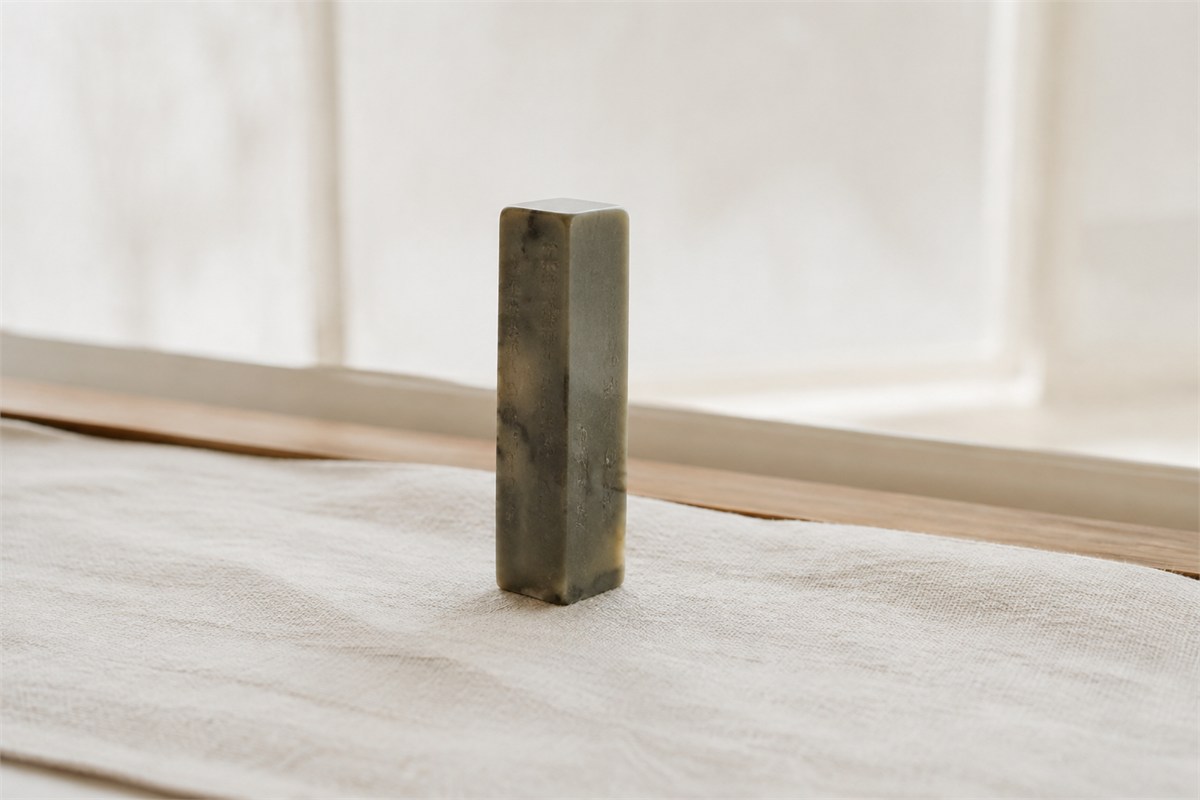Upright gray-green seal with faint marks on its tall sides, resting on pale linen.