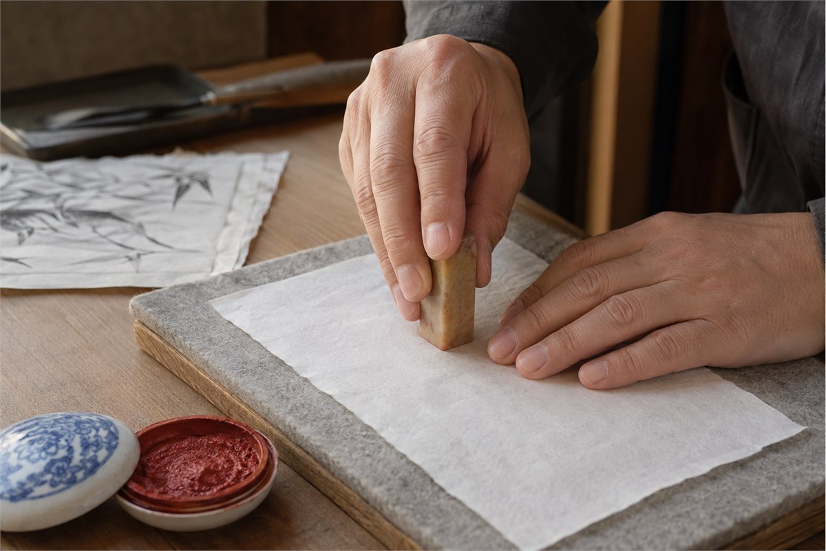 Hands pressing a square stone seal vertically onto practice xuan paper over a level support