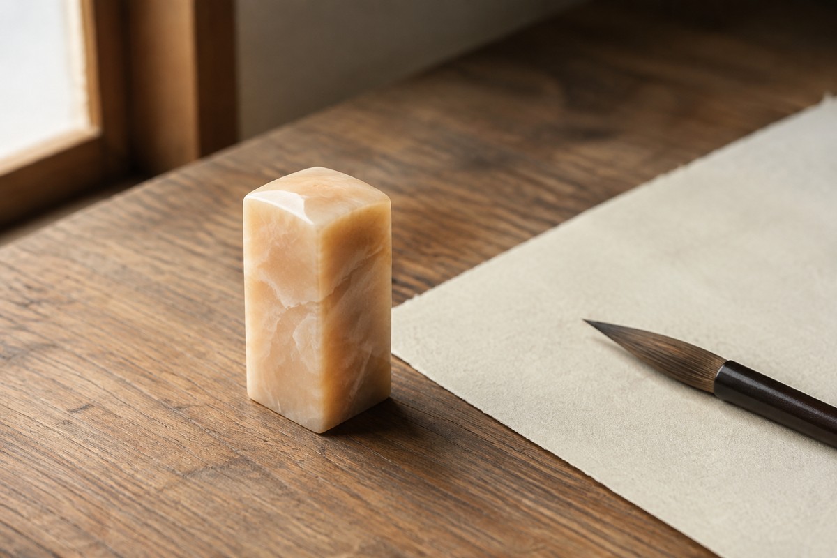 Apricot-colored square seal blank beside ivory paper and a resting brush.