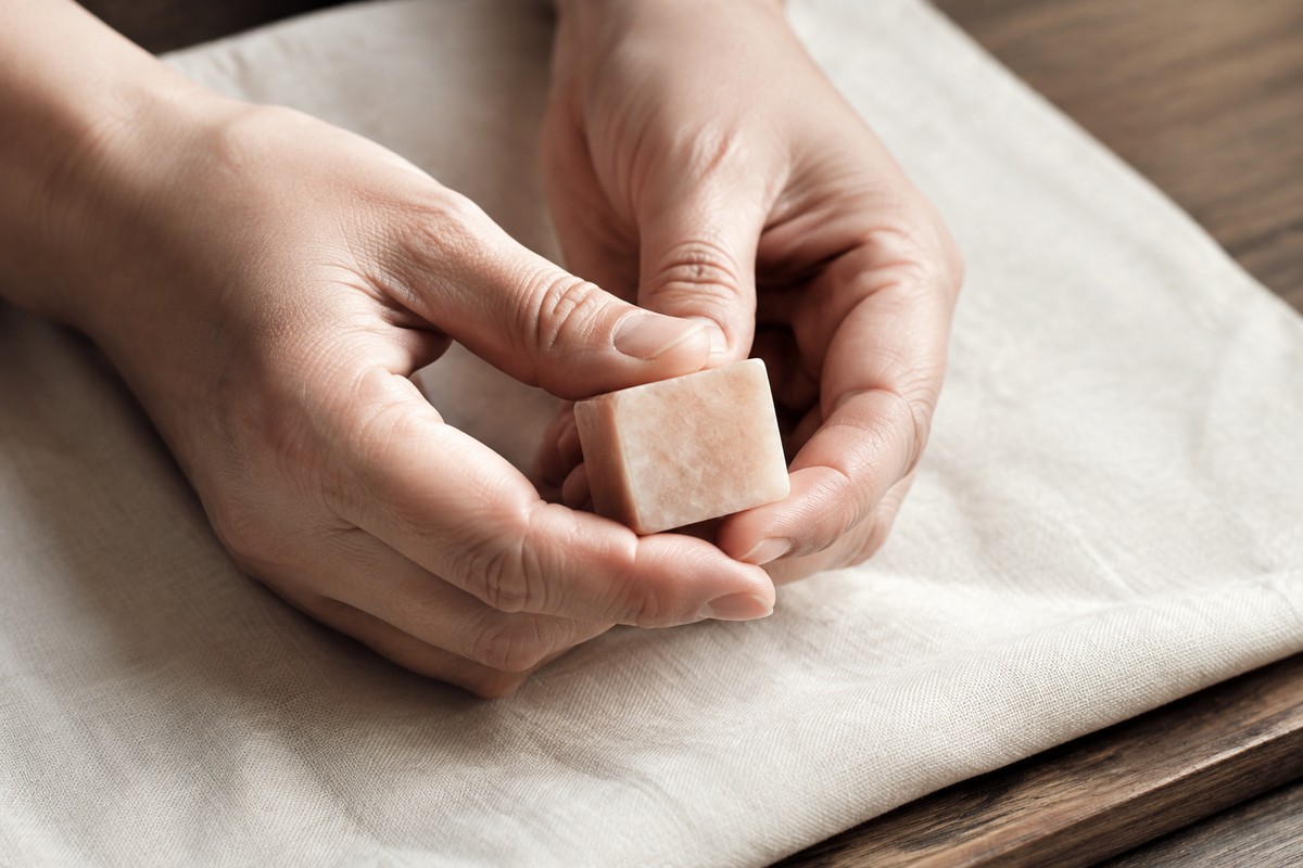 Clean dry hands gently supporting a stone seal above a folded cloth.