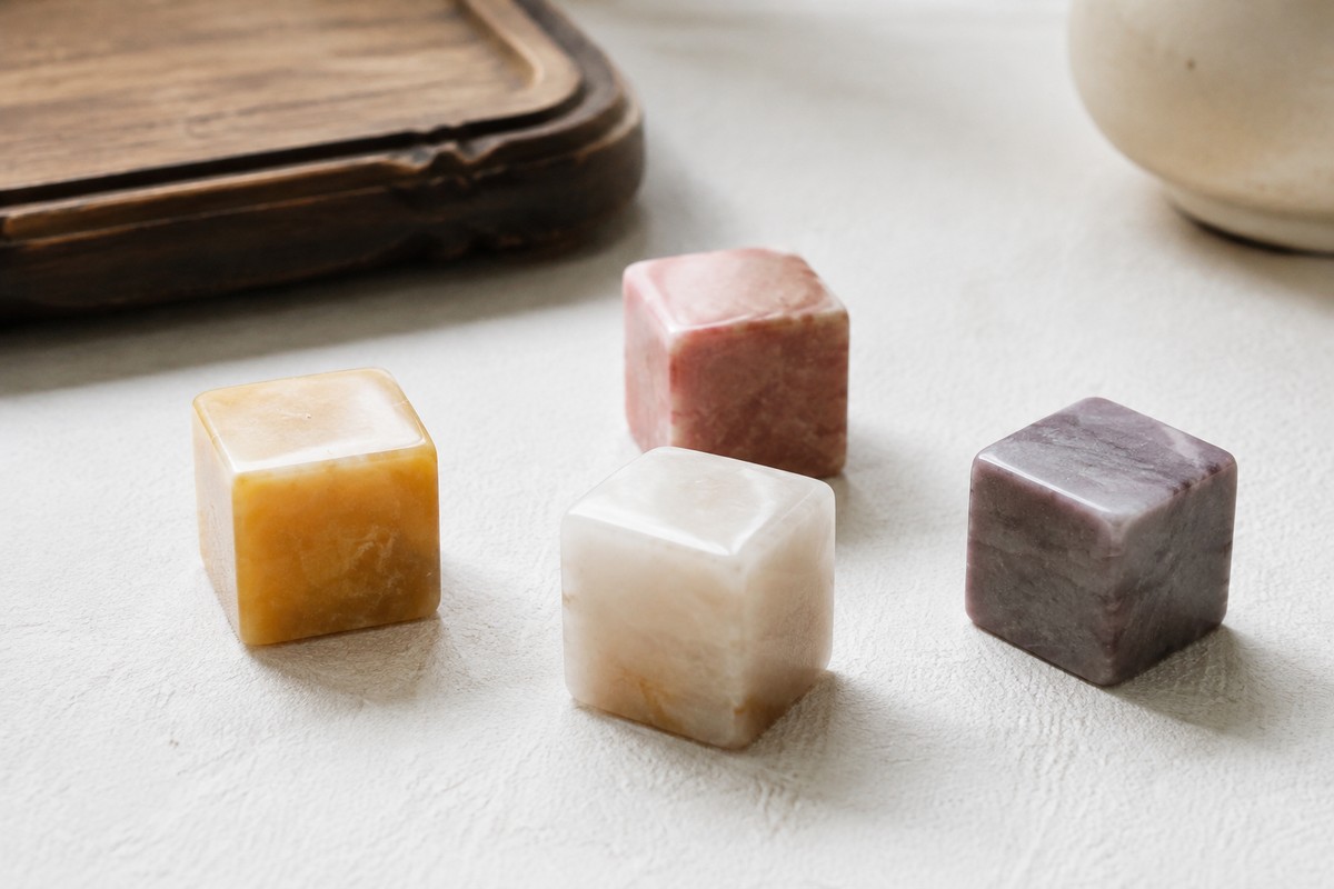 Honey, cream, muted pink and gray stone blanks on an ivory surface.