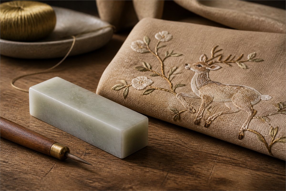 Plain seal stone and carving tool beside a textile embroidered with a deer