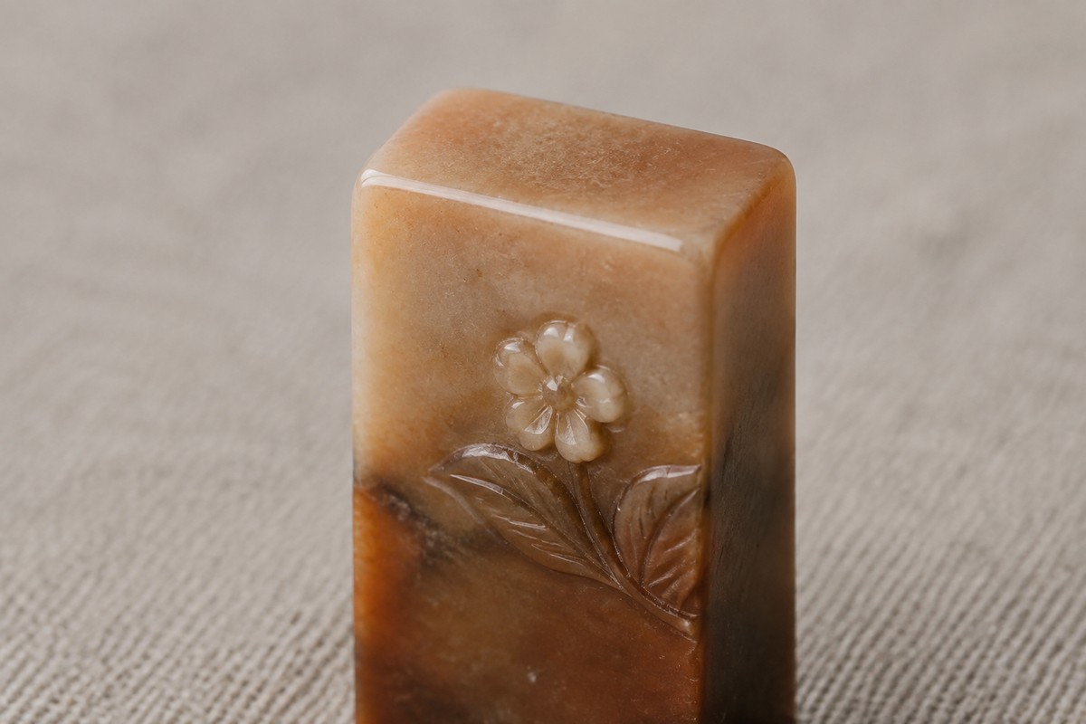 Pale floral relief above a darker band on a small stone seal body.