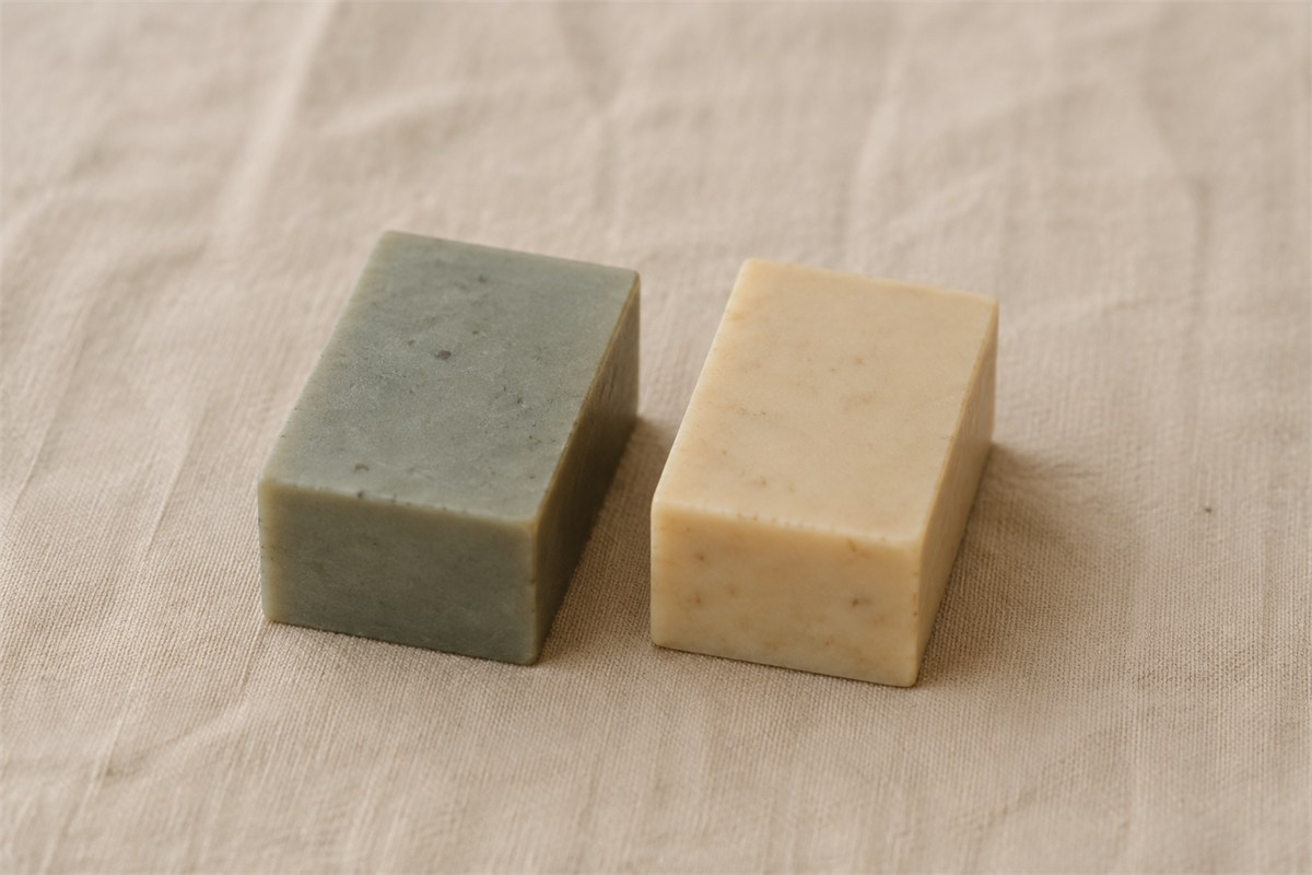 Two uncarved rectangular stone blanks, one gray-green and one cream, lying on linen.