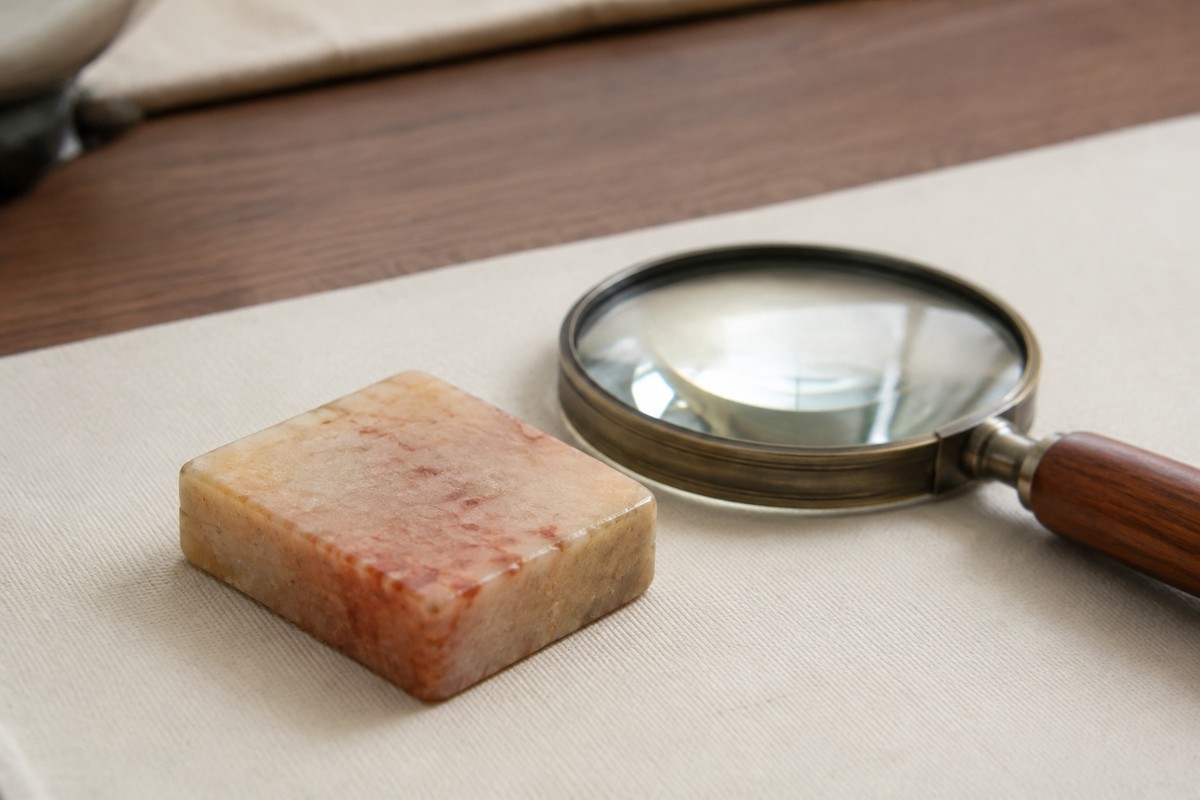 Cream-and-rust stone blank beside a magnifying glass on a light desk.