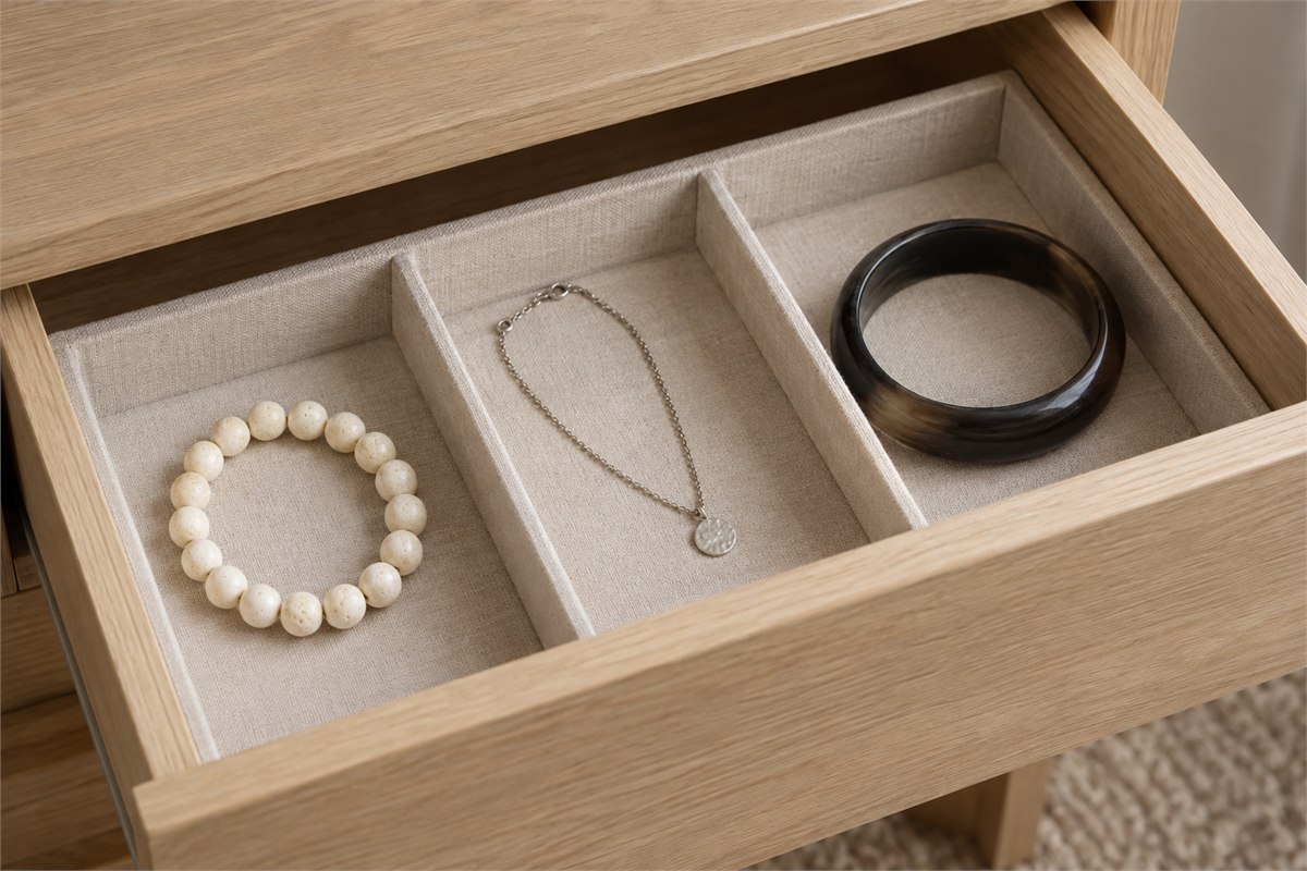 Bracelet, metal necklace, and dark bangle in separate lined compartments.