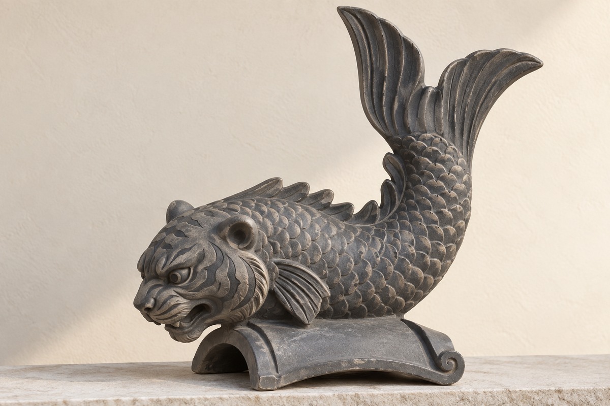 Japanese shachihoko study with a tigerlike head and arched fish body