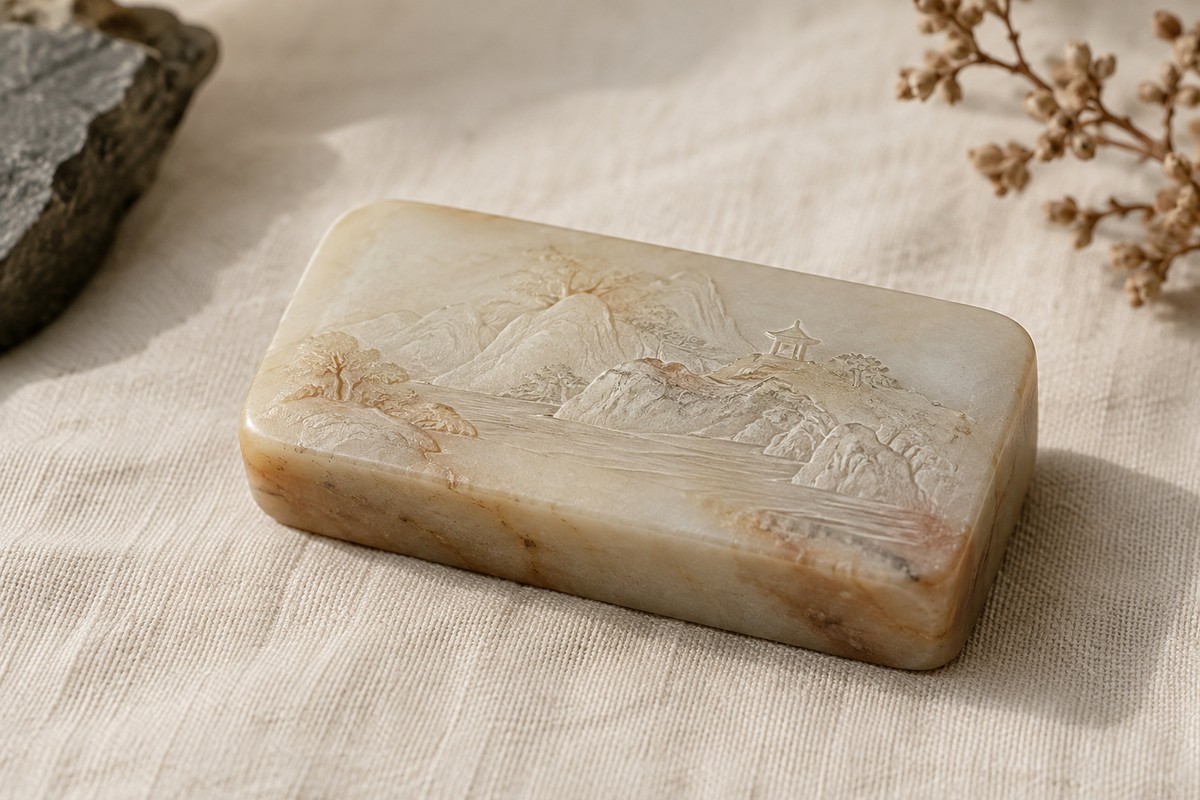 A pale stone seal with a barely raised mountain, a tiny pavilion, and open water.