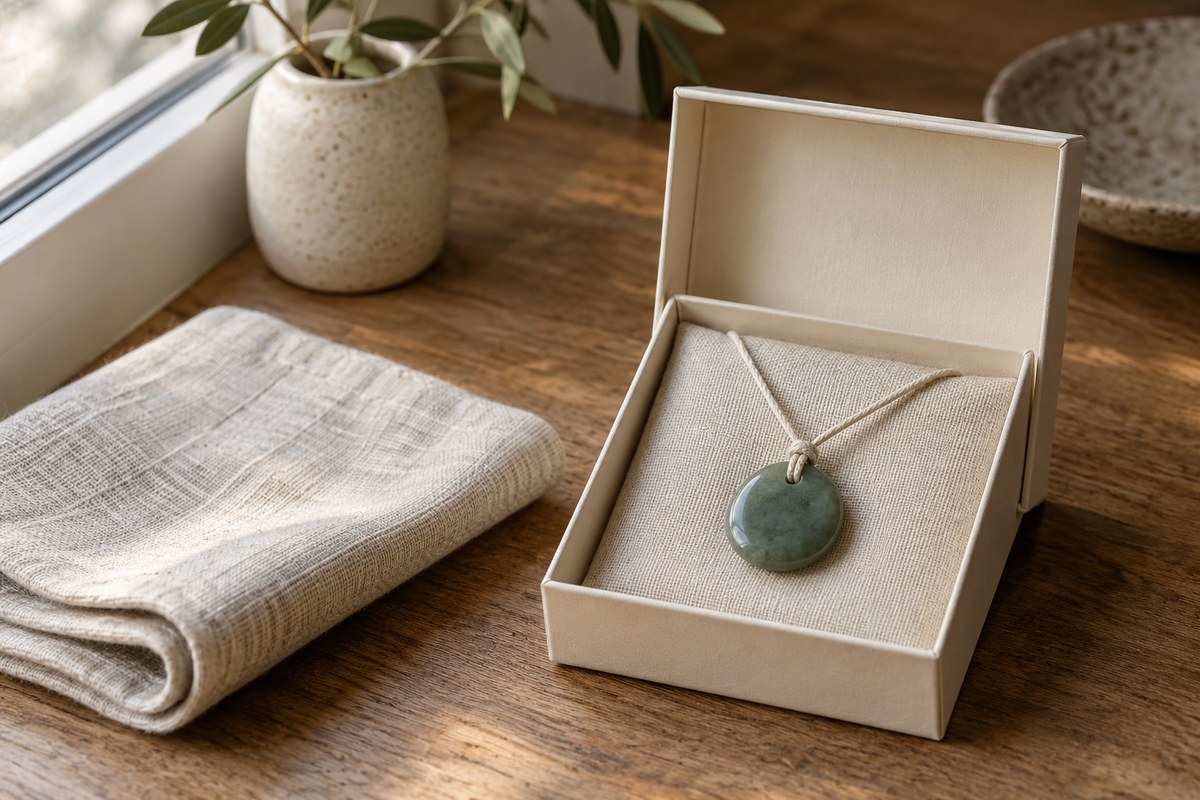 An open cream gift box holds a simple green stone pendant beside a folded plain cloth.