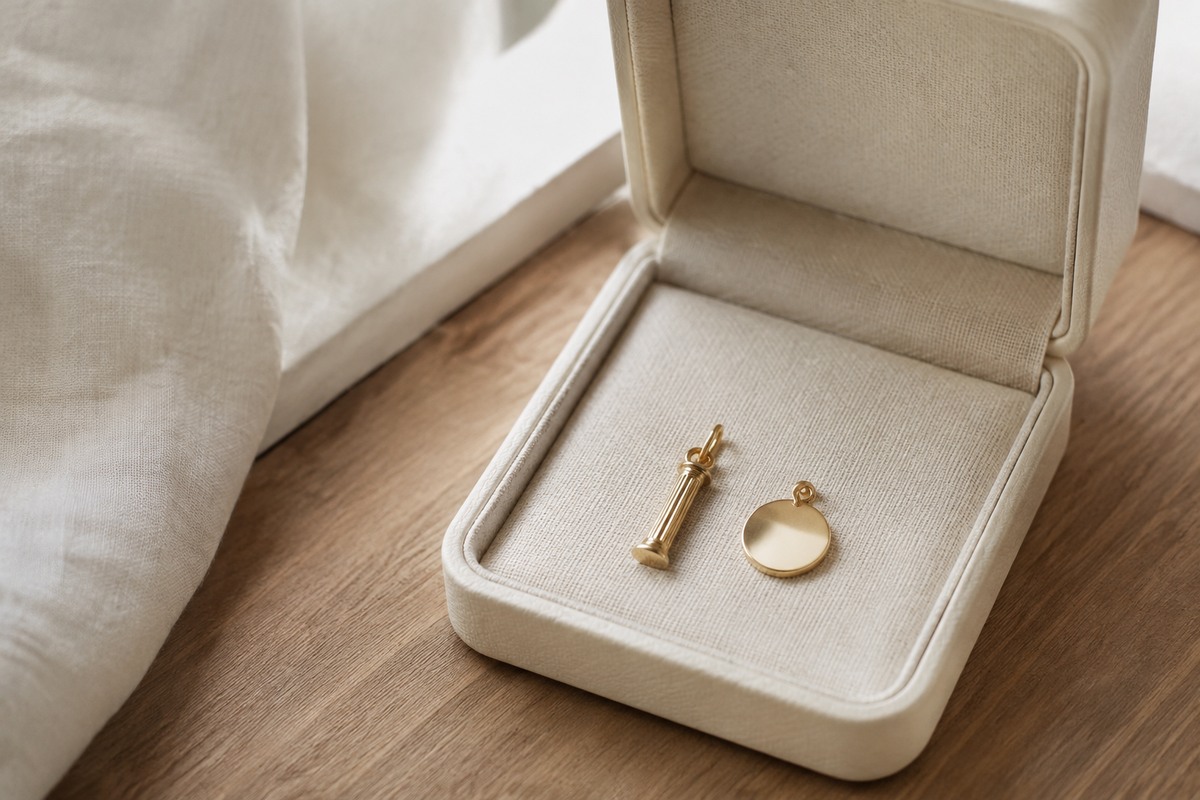 Two small gold-colored charms lie in an open linen-lined gift box.