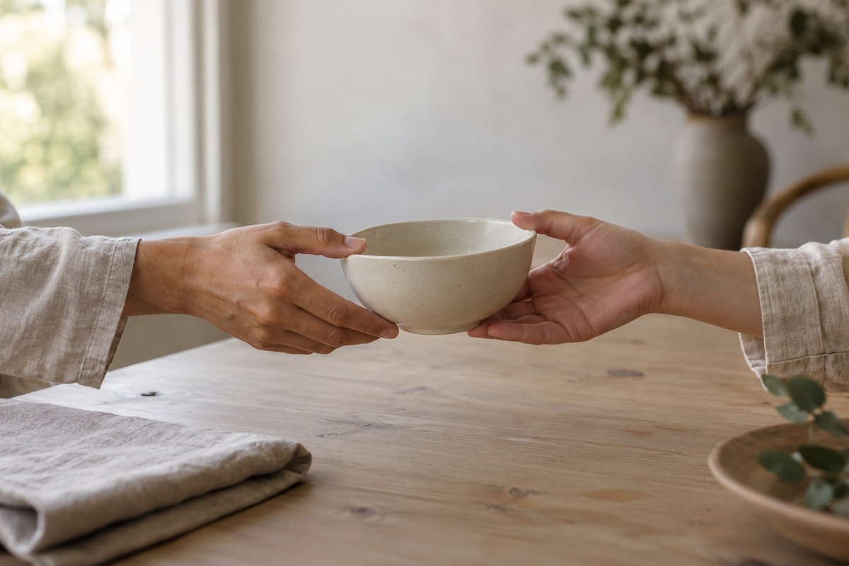 Two adults pass a small cream ceramic bowl between their hands over a wooden table.