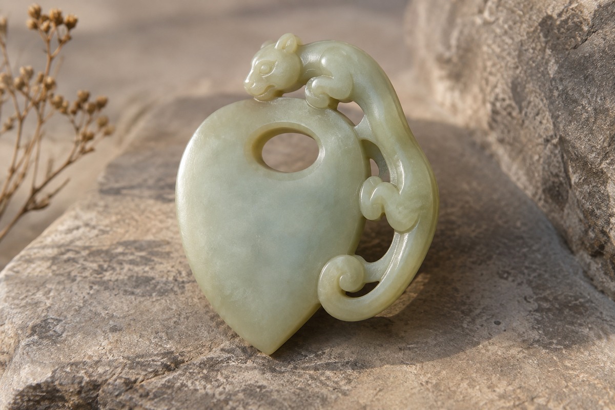 Flat she-shaped jade ornament with an oval opening and a chi curling around its side.
