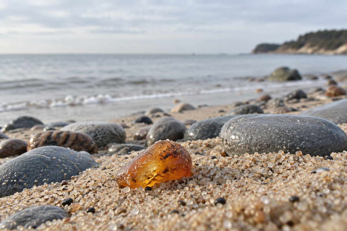 A small amber-colored pebble lies on sand near the water.