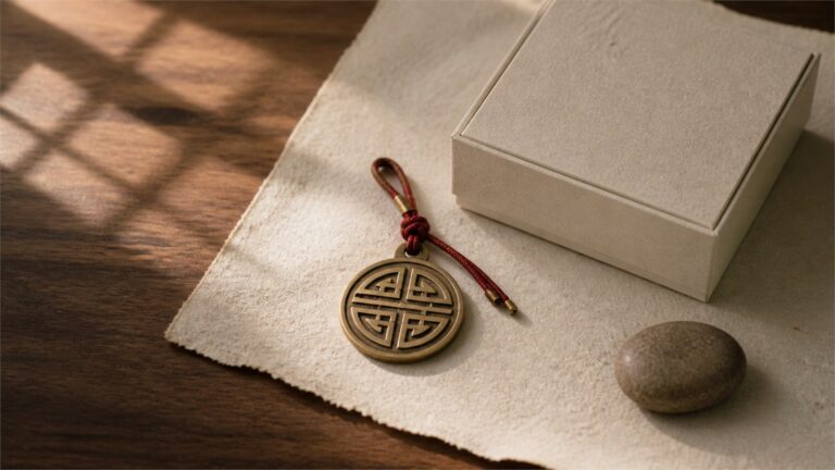 Aged brass longevity medallion with muted red cord beside a cream gift box on walnut wood