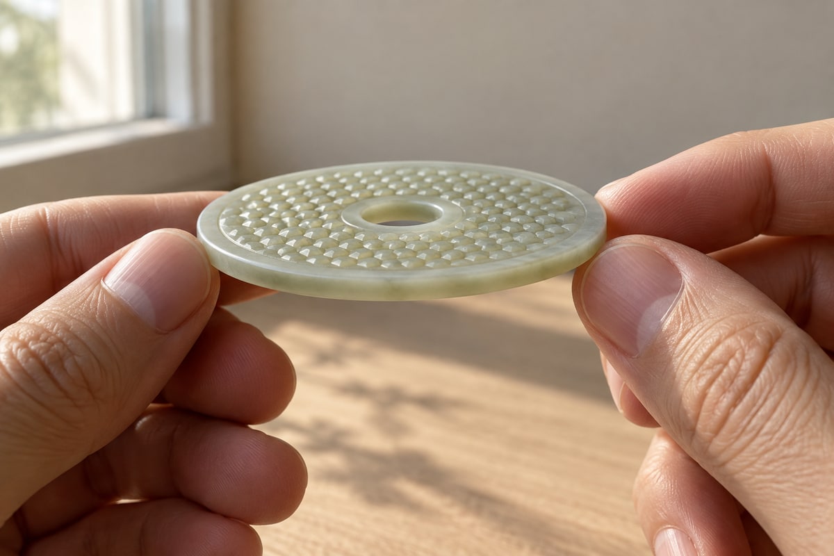 Hands holding a thin modern puwen jade disc at a shallow angle near a window