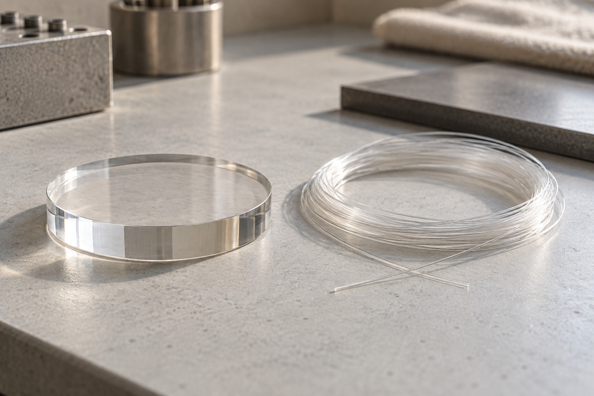 Clear optical glass disc beside a coil of thin optical fiber