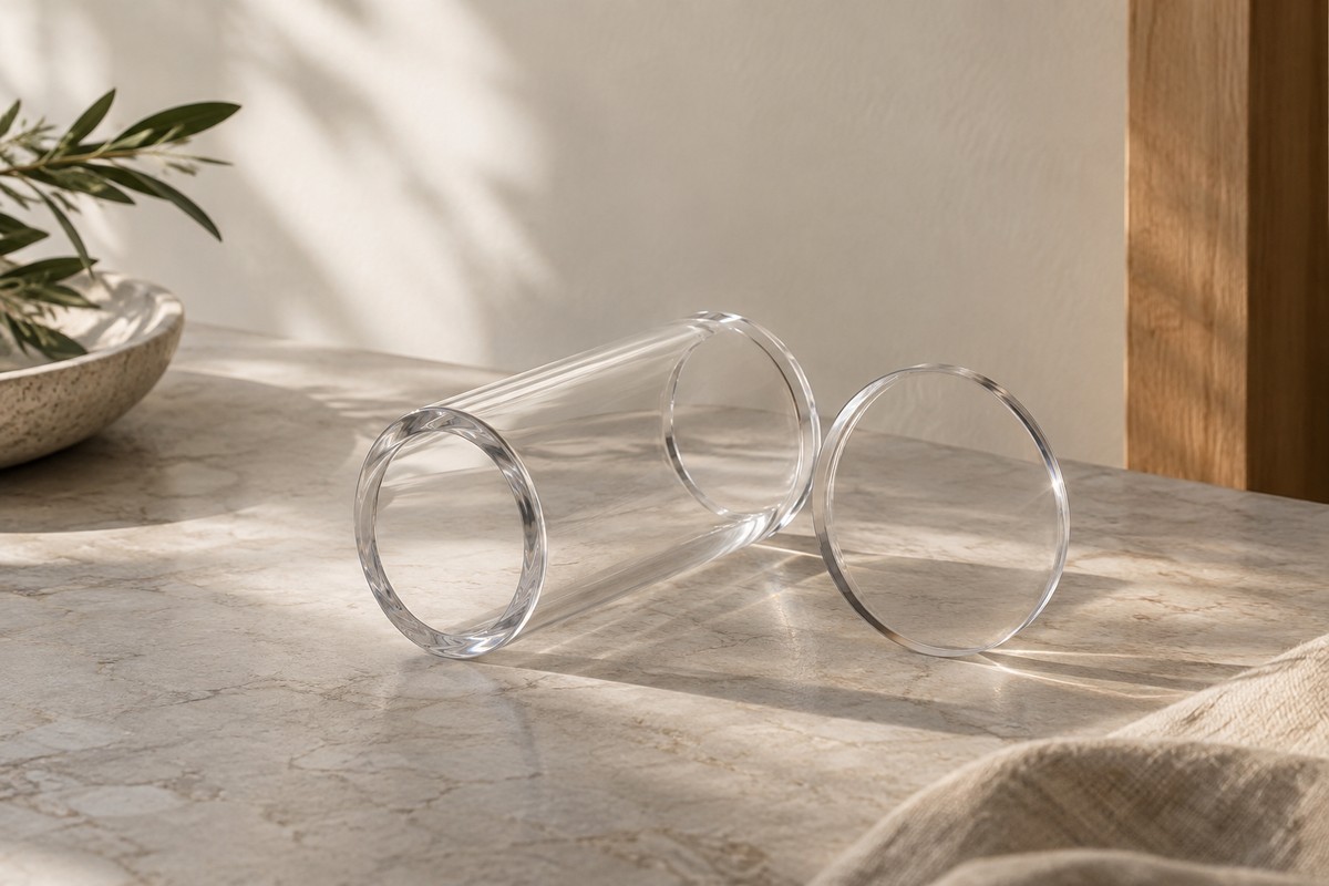 A short clear tube and a small transparent disc resting on a neutral surface.