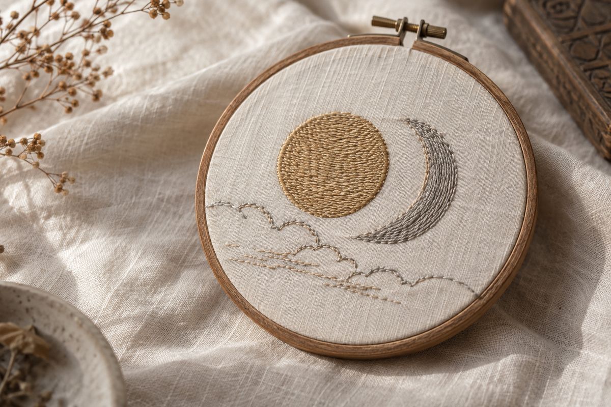 A crescent and a circular sun motif are stitched into pale silk.