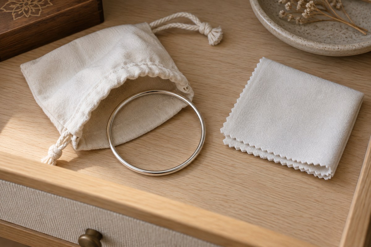 A silver bangle partly tucked into a soft pouch beside a clean dry cloth.