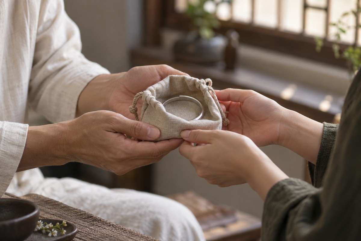 Two adults exchanging a neutral linen pouch containing a plain silver bangle.