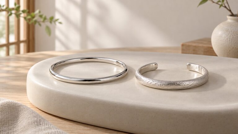 A polished silver circle and a softly textured silver cuff arranged on a curved ivory ceramic surface.