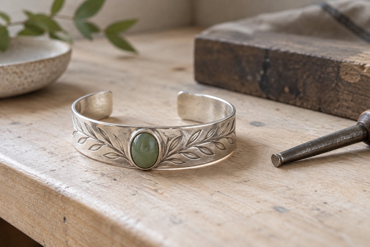 A silver cuff with a smooth green stone in a continuous bezel and a lightly chased leaf motif.