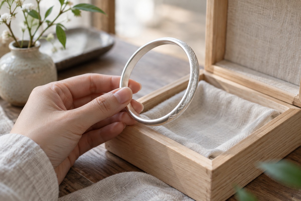 An adult hand holding a silver bangle above an open linen-lined keepsake box.