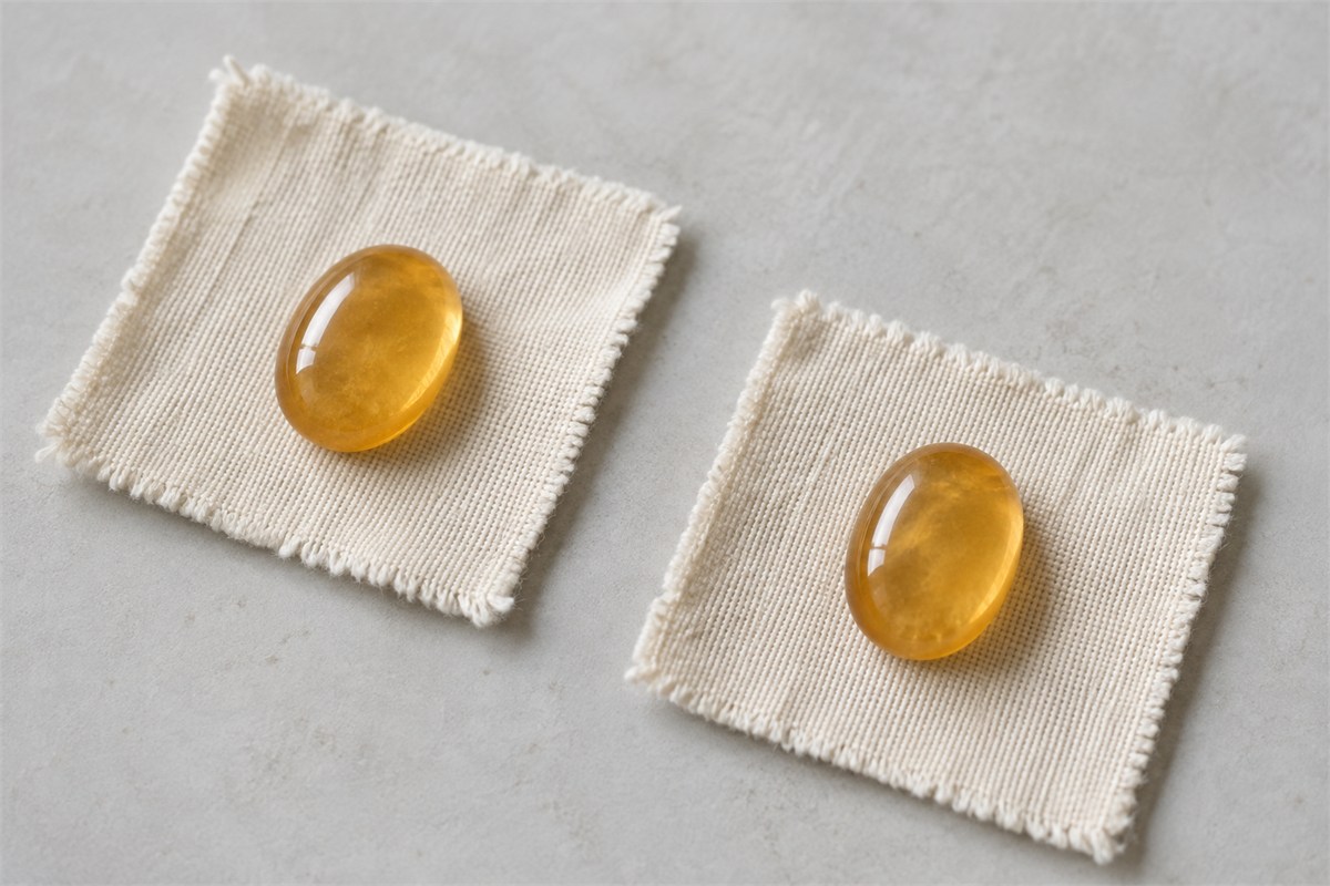 Two golden oval cabochons resting on separate cotton squares.