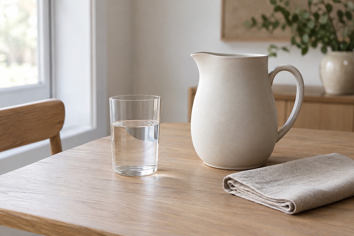 A plain clear drinking glass beside an ivory ceramic water pitcher.