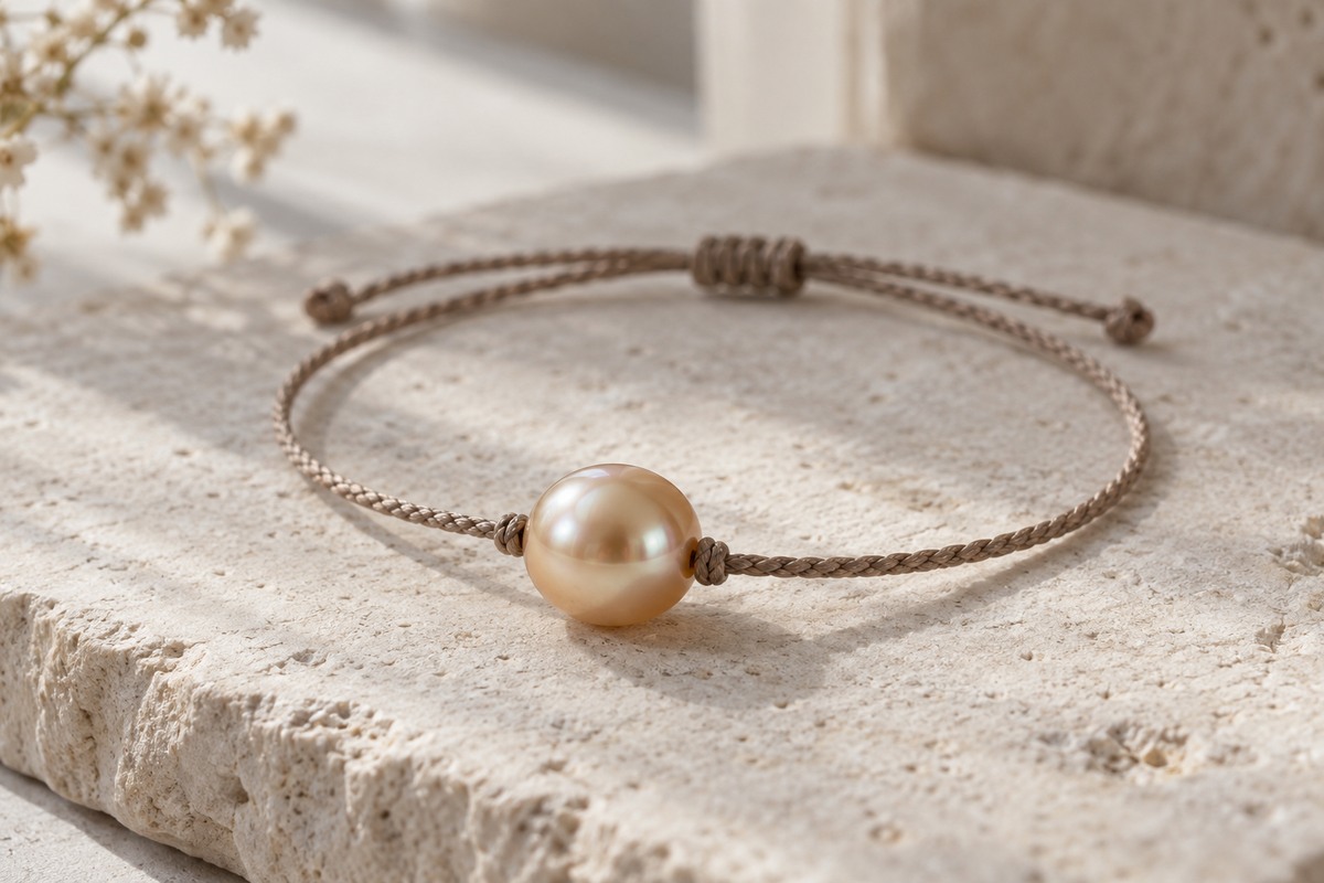 One champagne-colored pearl on a taupe braided cord bracelet.